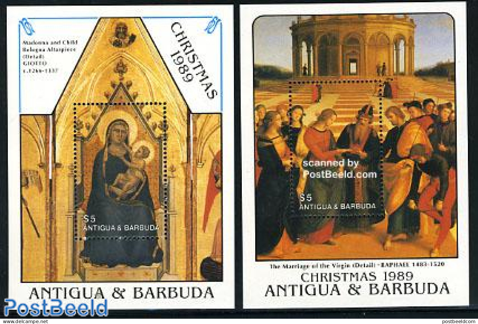 Antigua & Barbuda 1989 Christmas 2 S/s, Mint NH, Religion - Christmas - Art - Paintings - Raphael - Noël