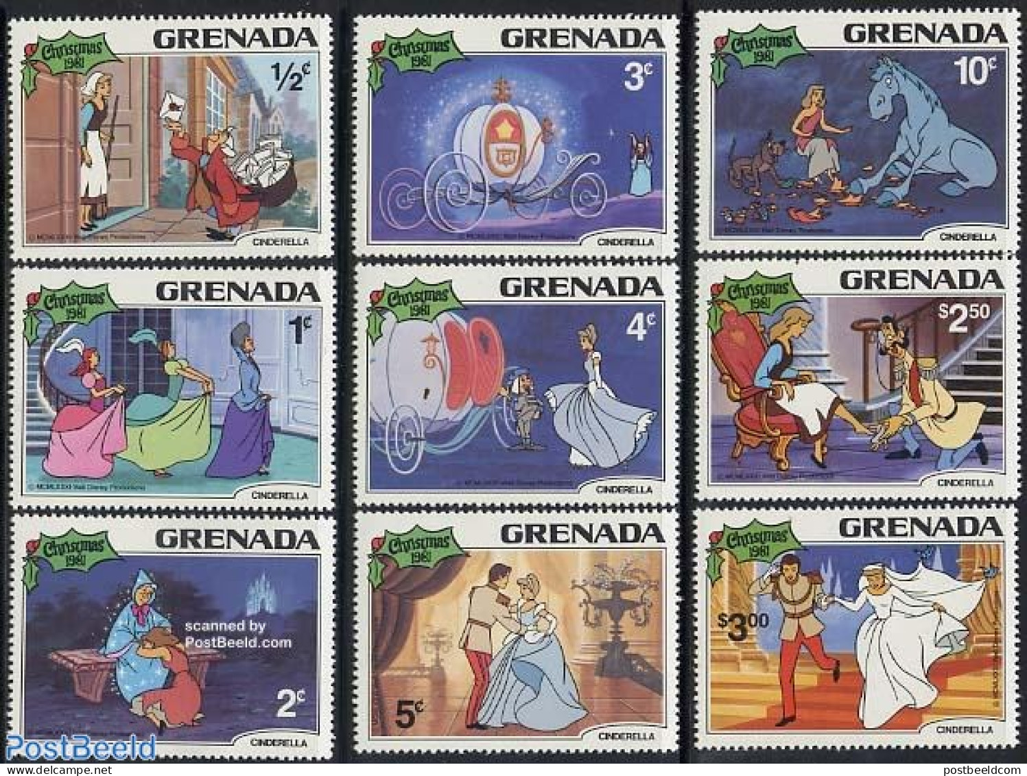 Grenada 1981 Christmas, Disney 9v, Mint NH, Religion - Christmas - Post - Art - Disney - Weihnachten