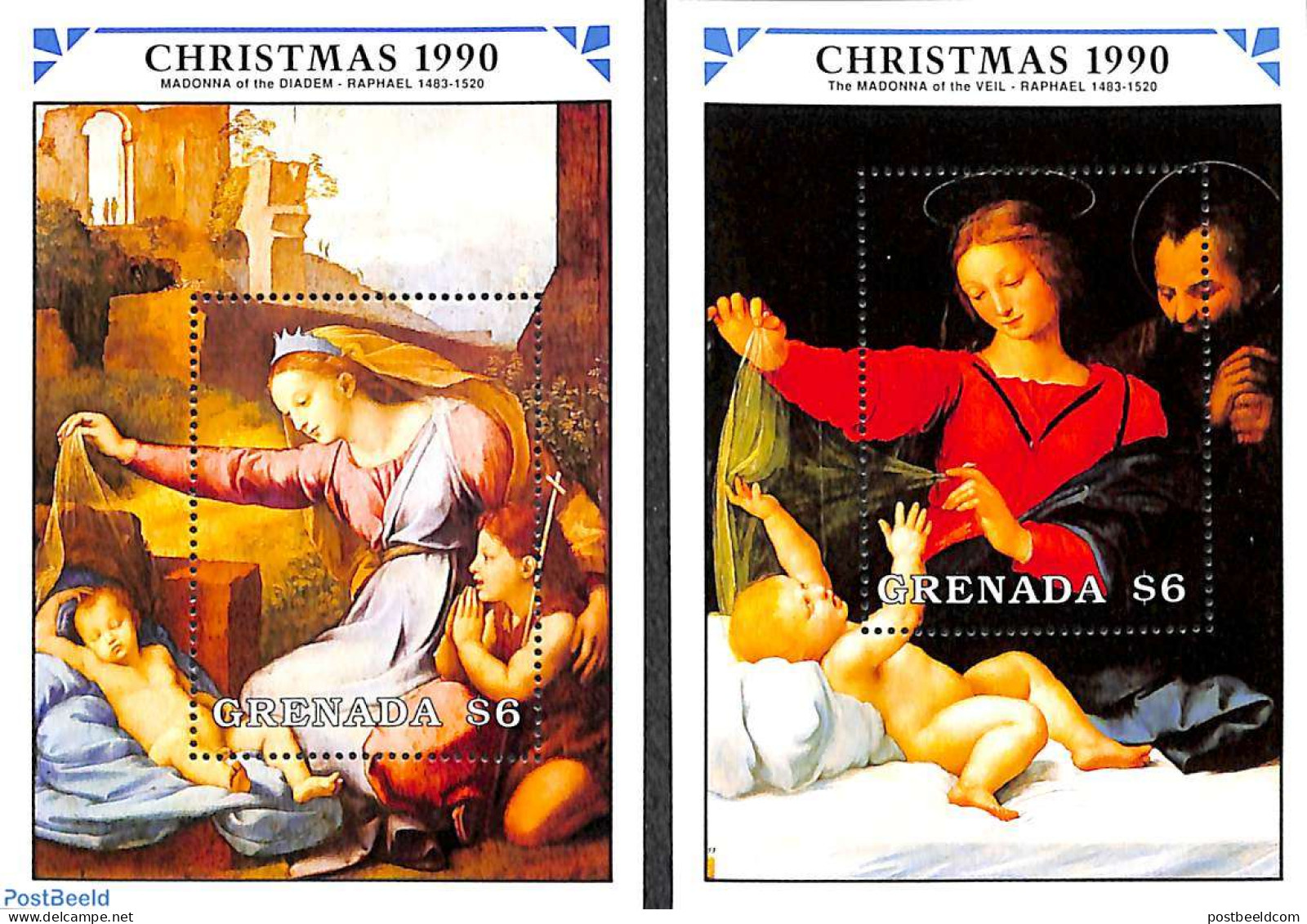 Grenada 1990 Christmas, Raphael 2 S/s, Mint NH, Religion - Christmas - Art - Paintings - Raphael - Weihnachten