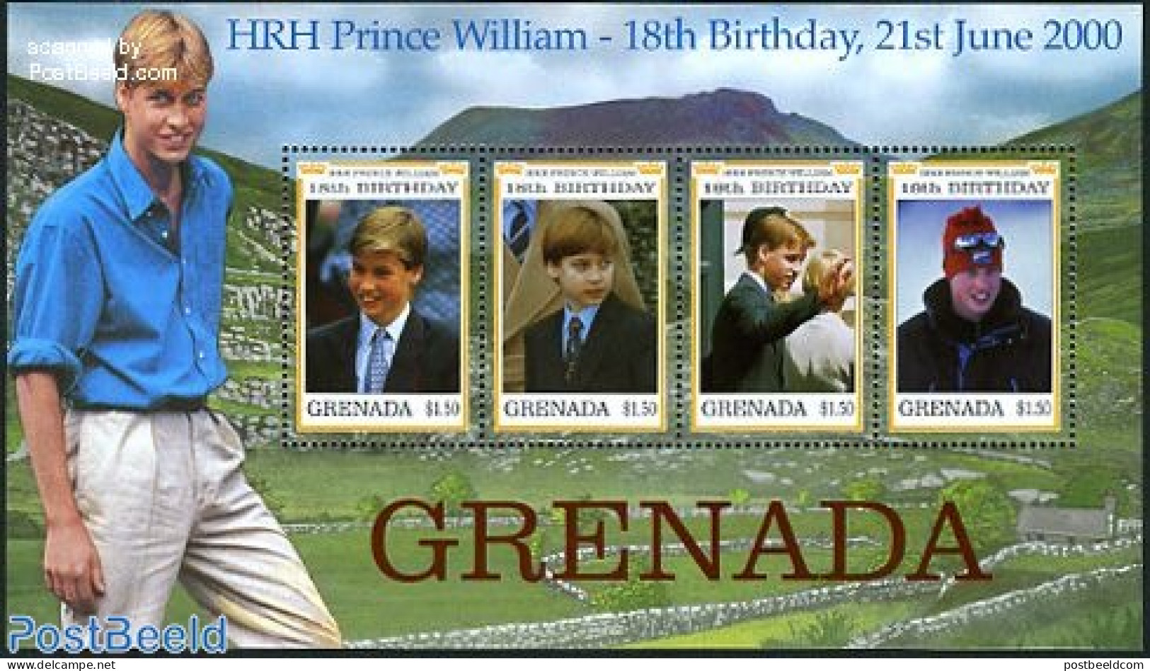 Grenada 2000 Prince William 4v M/s, Mint NH, History - Kings & Queens (Royalty) - Königshäuser, Adel