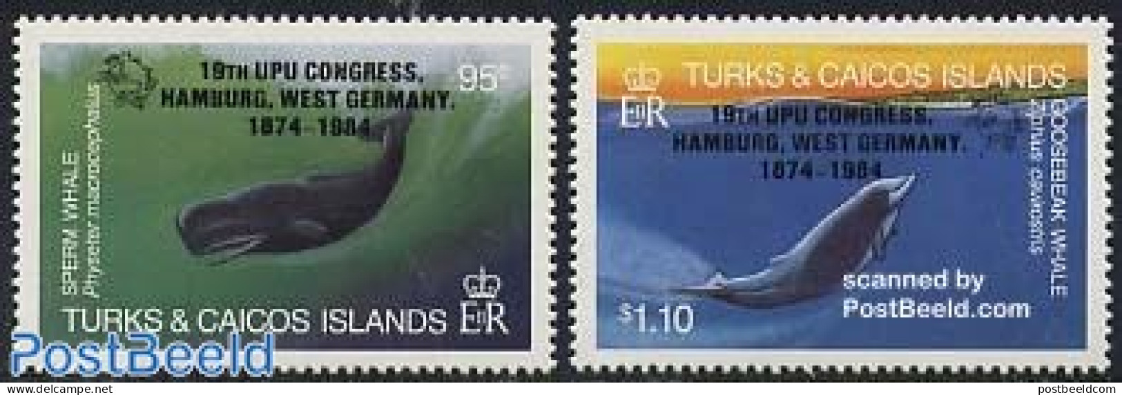 Turks And Caicos Islands 1984 UPU Congress, Whales 2v, Mint NH, Nature - Sea Mammals - U.P.U. - U.P.U.