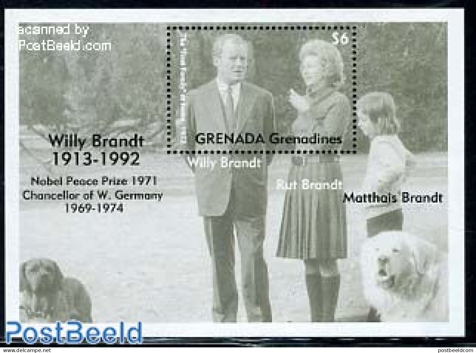 Grenada Grenadines 1993 Willy Brandt S/s, Mint NH, History - Nature - Germans - Politicians - Dogs - Grenada (1974-...)