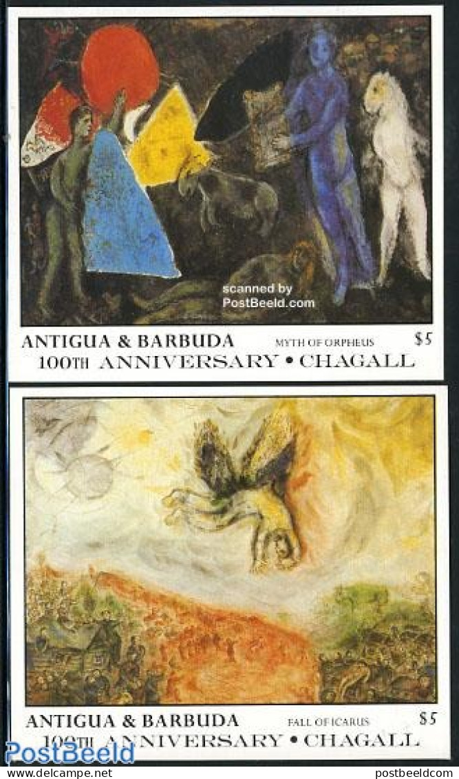 Antigua & Barbuda 1987 Marc Chagall 2 S/s, Mint NH, Art - Modern Art (1850-present) - Antigua Et Barbuda (1981-...)