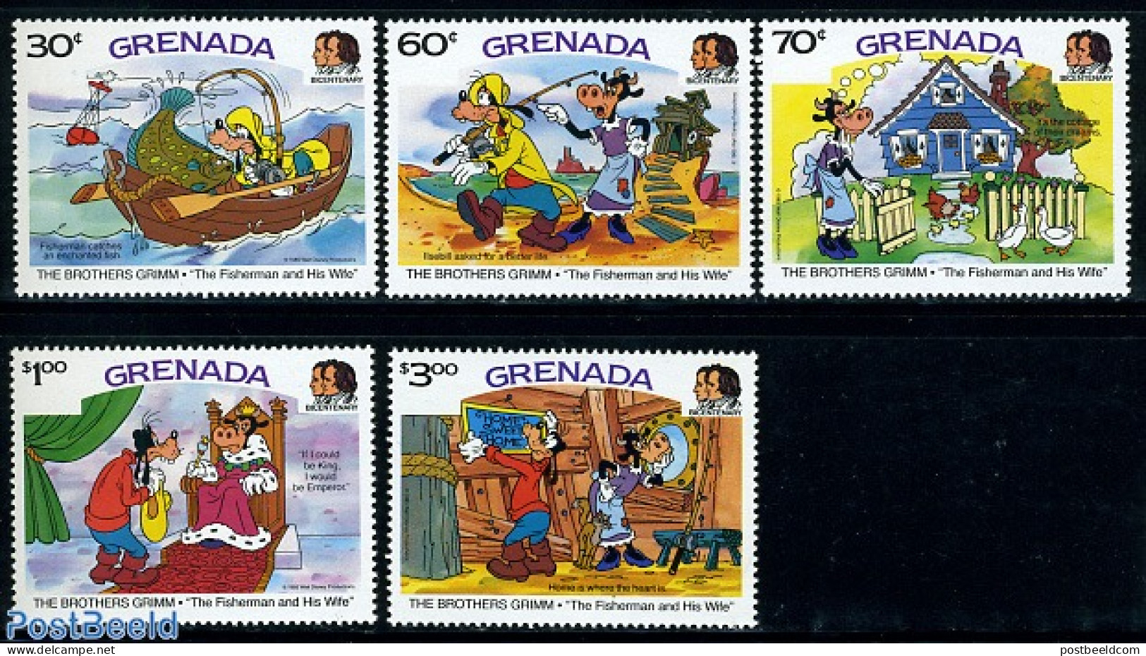 Grenada 1985 Disney, Grimm 5v, Mint NH, Nature - Transport - Cats - Fish - Fishing - Ships And Boats - Art - Disney - Fische