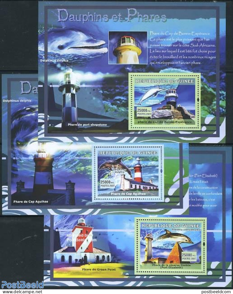 Guinea, Republic 2007 Lighthouses & Dolphins 3 S/s, Mint NH, Nature - Various - Lighthouses & Safety At Sea - Lighthouses