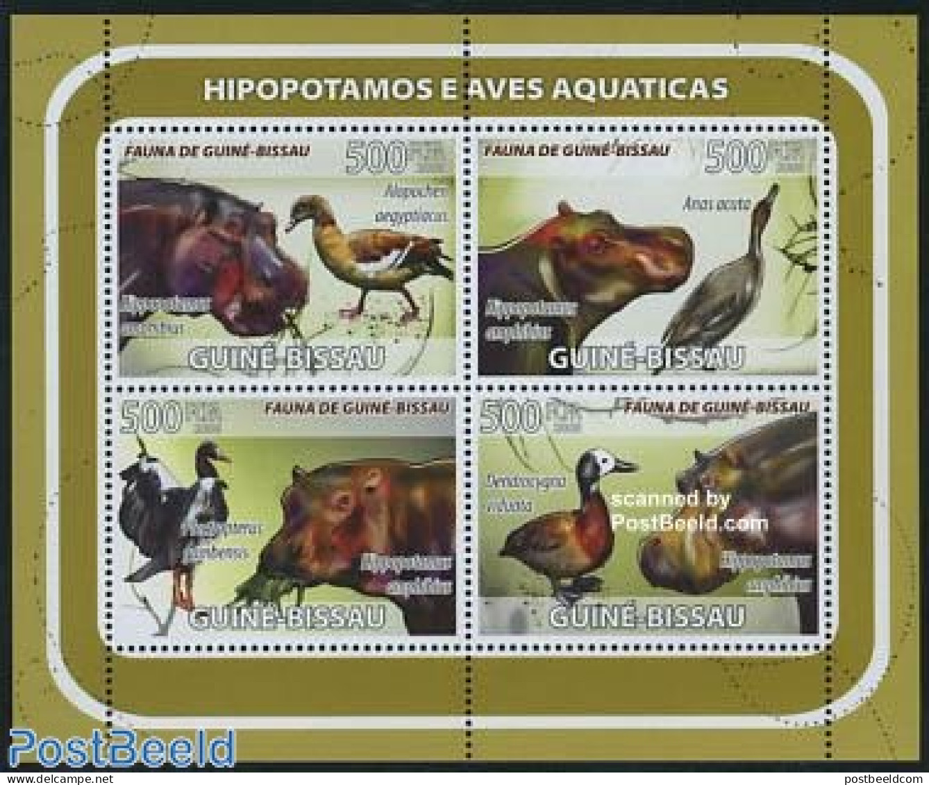 Guinea Bissau 2008 Fauna, Hippo & Birds 4v M/s, Mint NH, Nature - Birds - Ducks - Hippopotamus - Guinea-Bissau