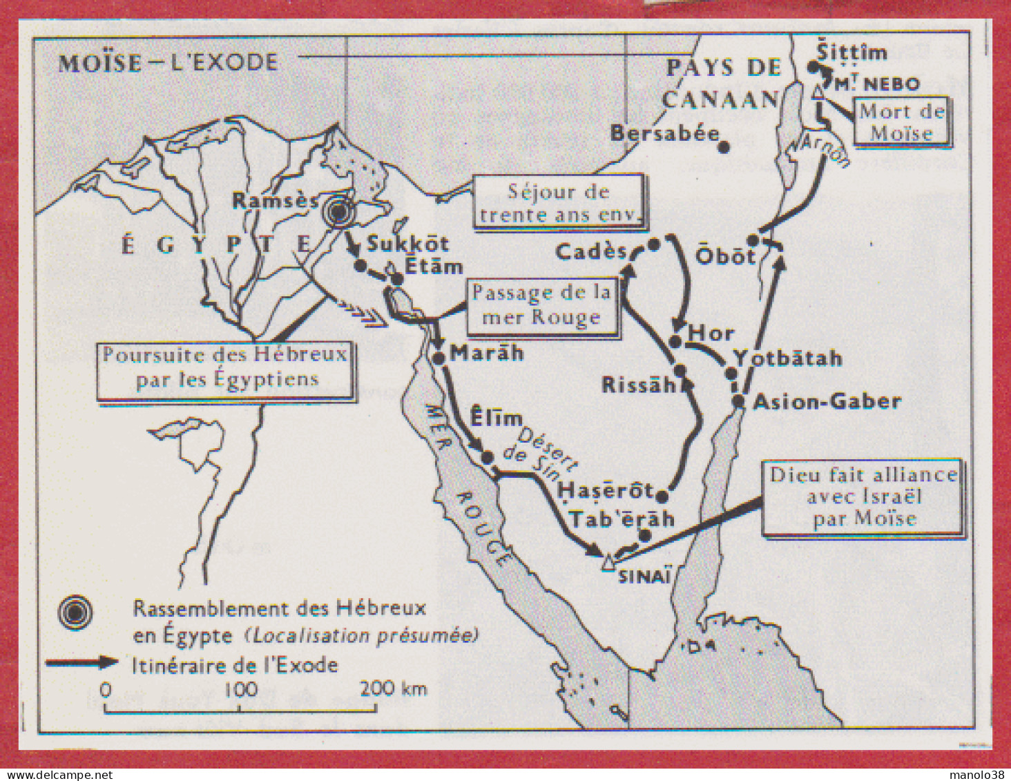 Moïse. L'exode. Religion. Hébreux. Itinéraire De L'Exode. Larousse 1960. - Historische Documenten