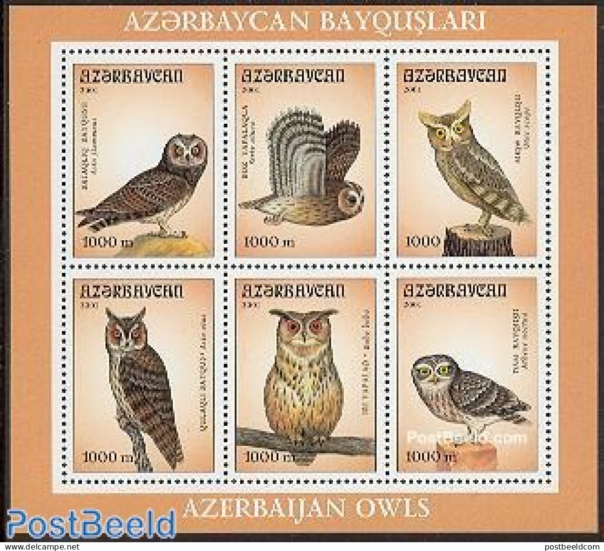 Azerbaijan 2001 Owls 6v M/s, Mint NH, Nature - Birds - Birds Of Prey - Owls - Other & Unclassified