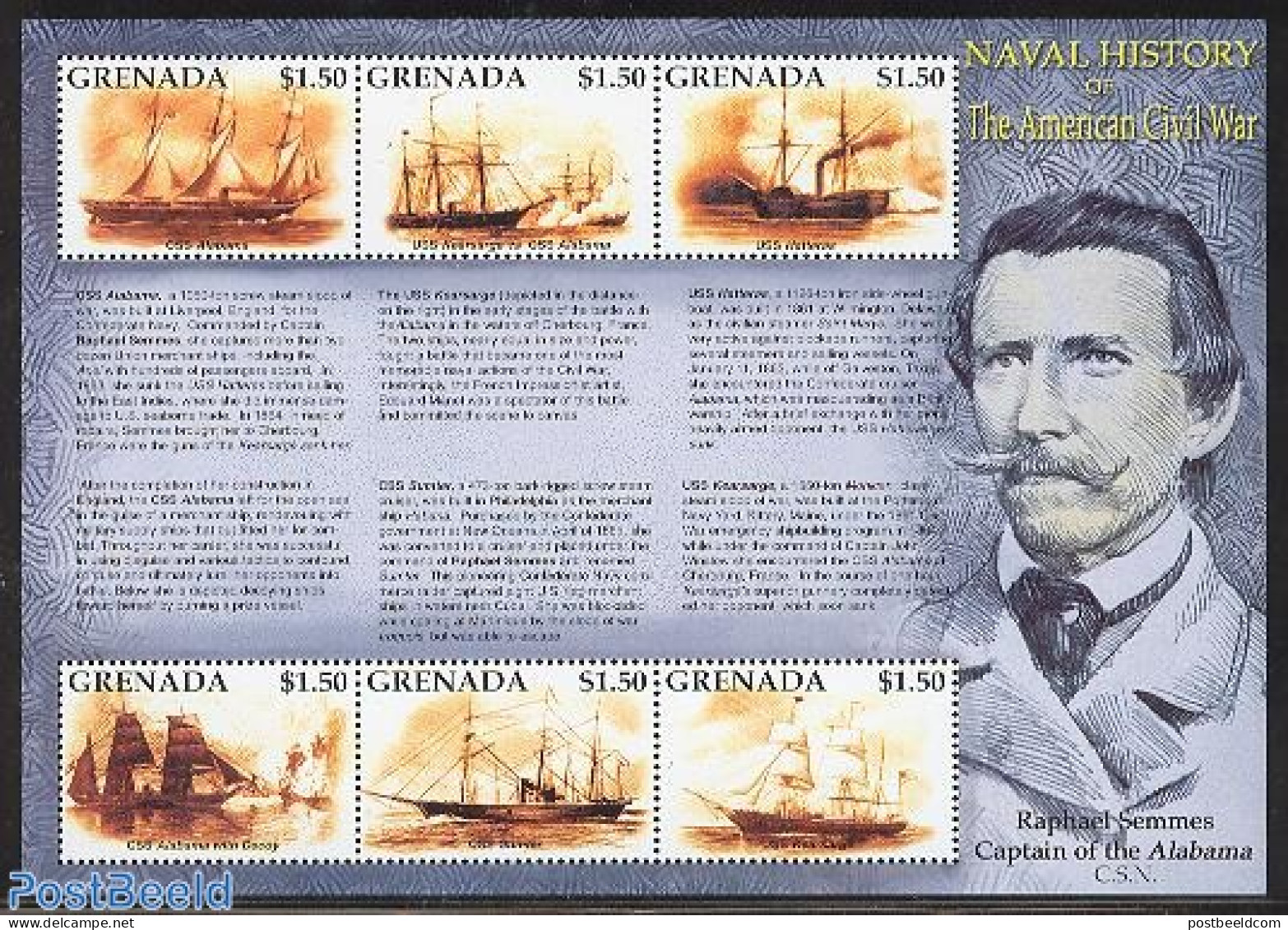 Grenada 2002 Civil War 6v M/s, CSS Alabama, Mint NH, History - Transport - Militarism - Ships And Boats - Militaria