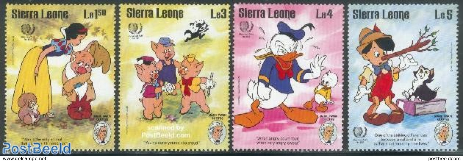 Sierra Leone 1985 Mark Twain, Disney 4v, Mint NH, Nature - Various - Cats - International Youth Year 1984 - Art - Disney - Disney