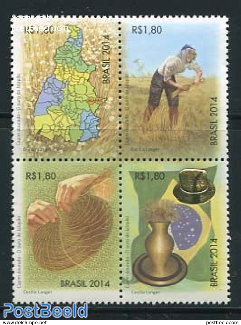 Brazil 2014 Golden Grass From Jalapao 4v [+], Mint NH, History - Various - Flags - Agriculture - Maps - Art - Handicra.. - Ungebraucht