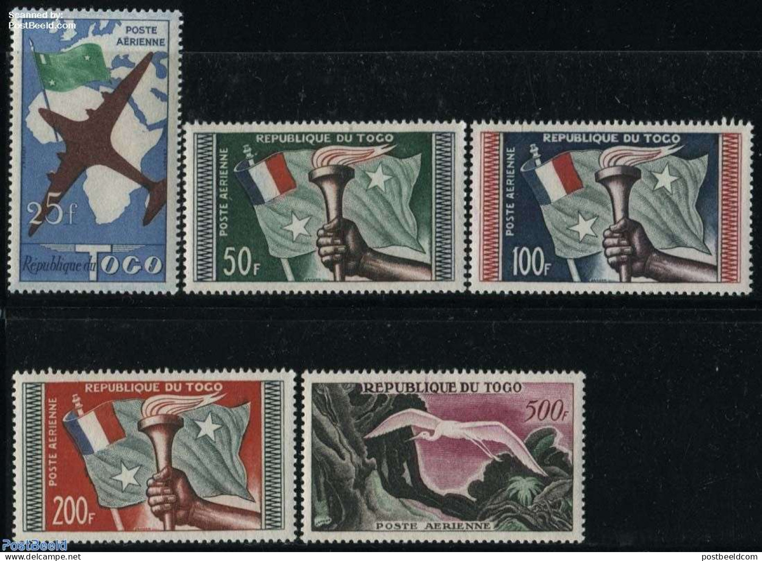 Togo 1959 Airmail Definitives 5v, Unused (hinged), History - Nature - Transport - Flags - Birds - Aircraft & Aviation - Airplanes