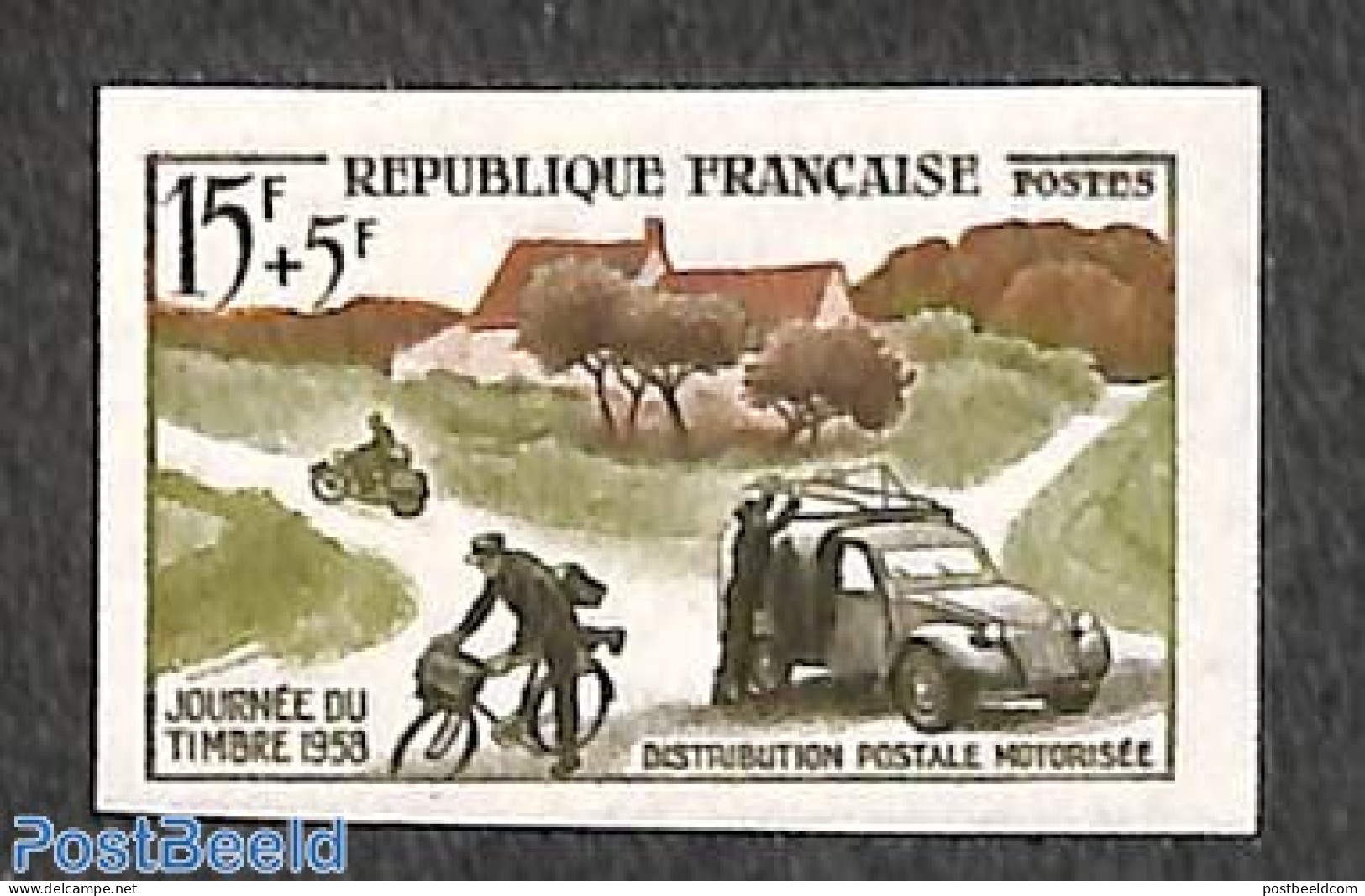 France 1958 Stamp Day 1v, Imperforated, Mint NH, Sport - Transport - Cycling - Post - Automobiles - Ungebraucht