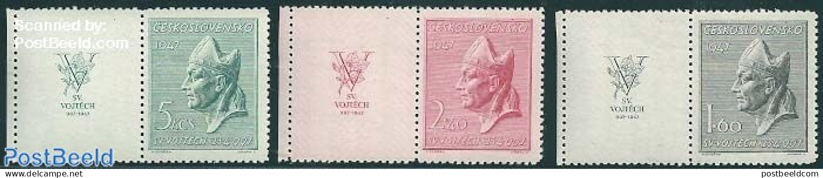 Czechoslovkia 1947 Holy Adalbert 3v+tabs, Mint NH, Religion - Religion - Andere & Zonder Classificatie
