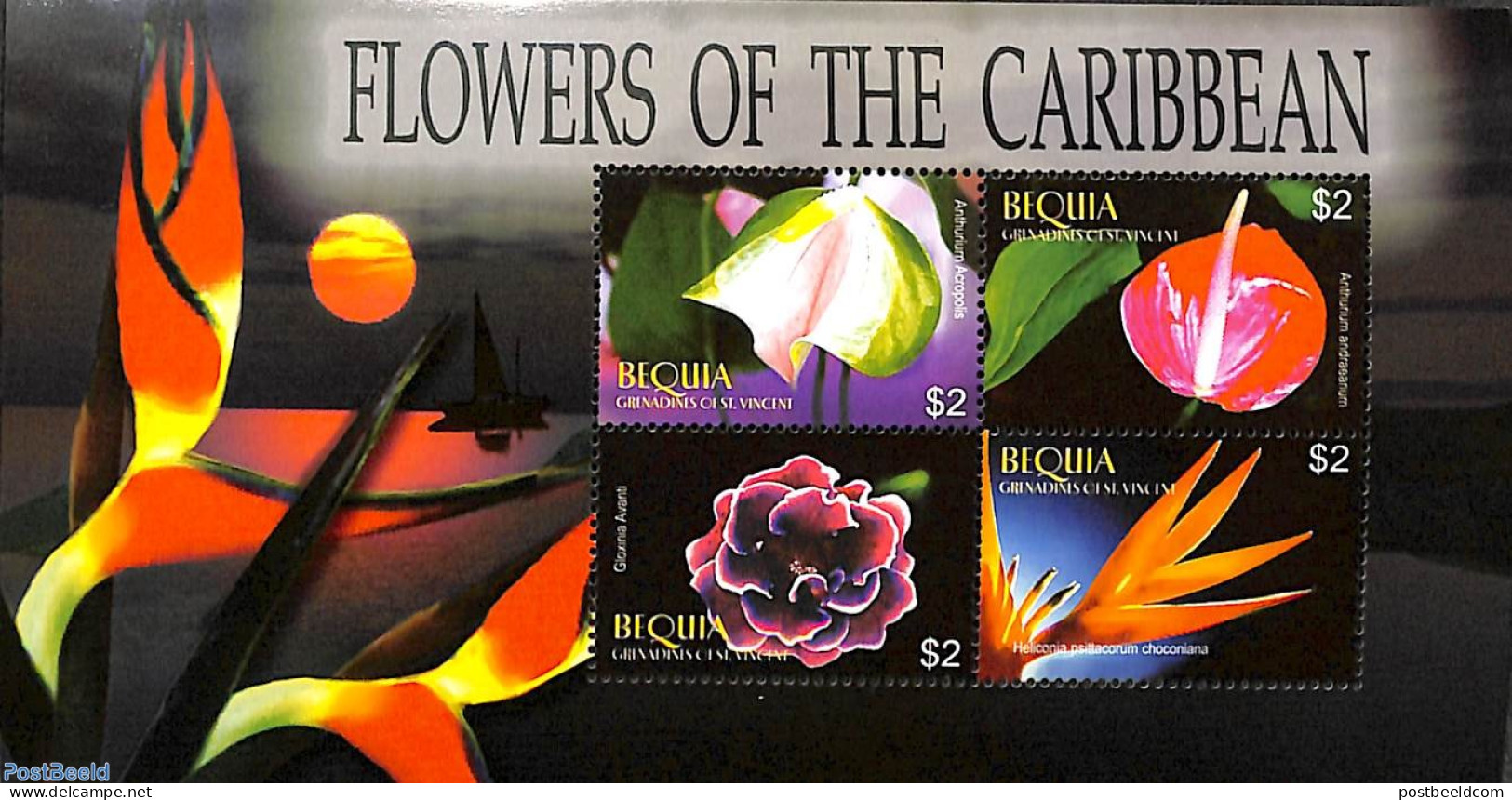 Saint Vincent & The Grenadines 2005 Bequia, Flowers 4v M/s, Mint NH, Nature - Flowers & Plants - St.-Vincent En De Grenadines