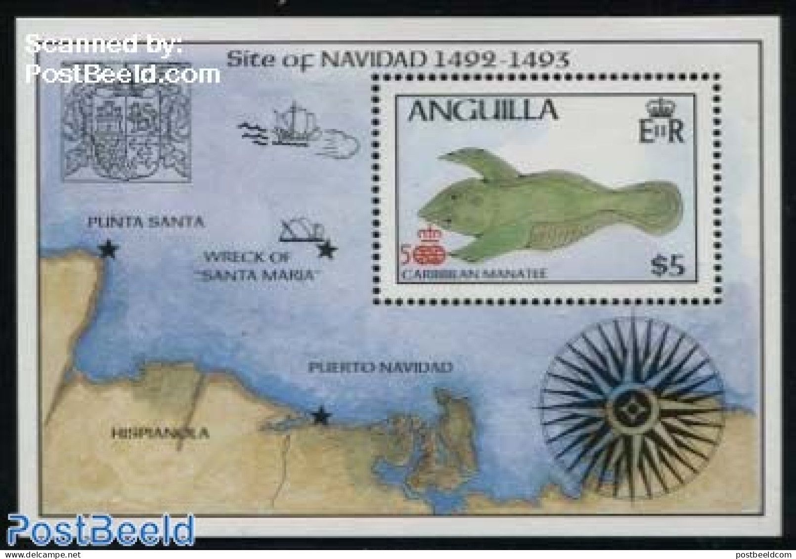 Anguilla 1986 Caribbean Manatee S/s, Mint NH, History - Nature - Various - Coat Of Arms - Maps - Geografia