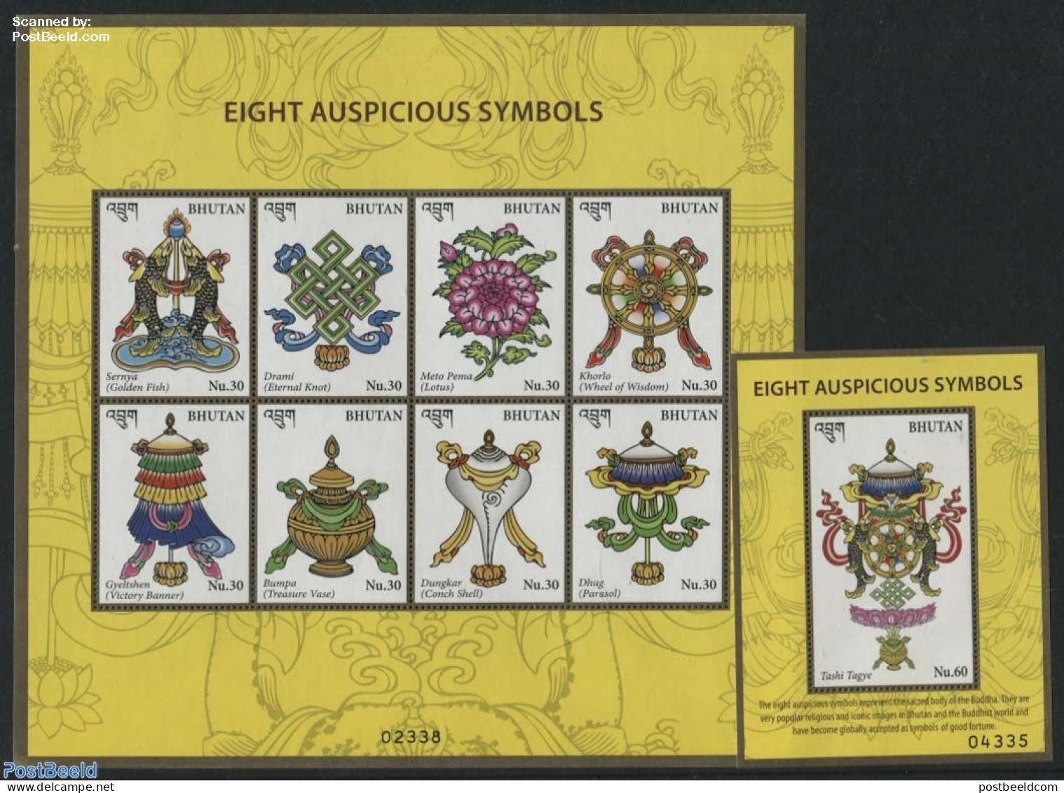 Bhutan 2016 Eight Auspicious Symbols 2 S/s, Mint NH, Nature - Religion - Flowers & Plants - Religion - Bhutan