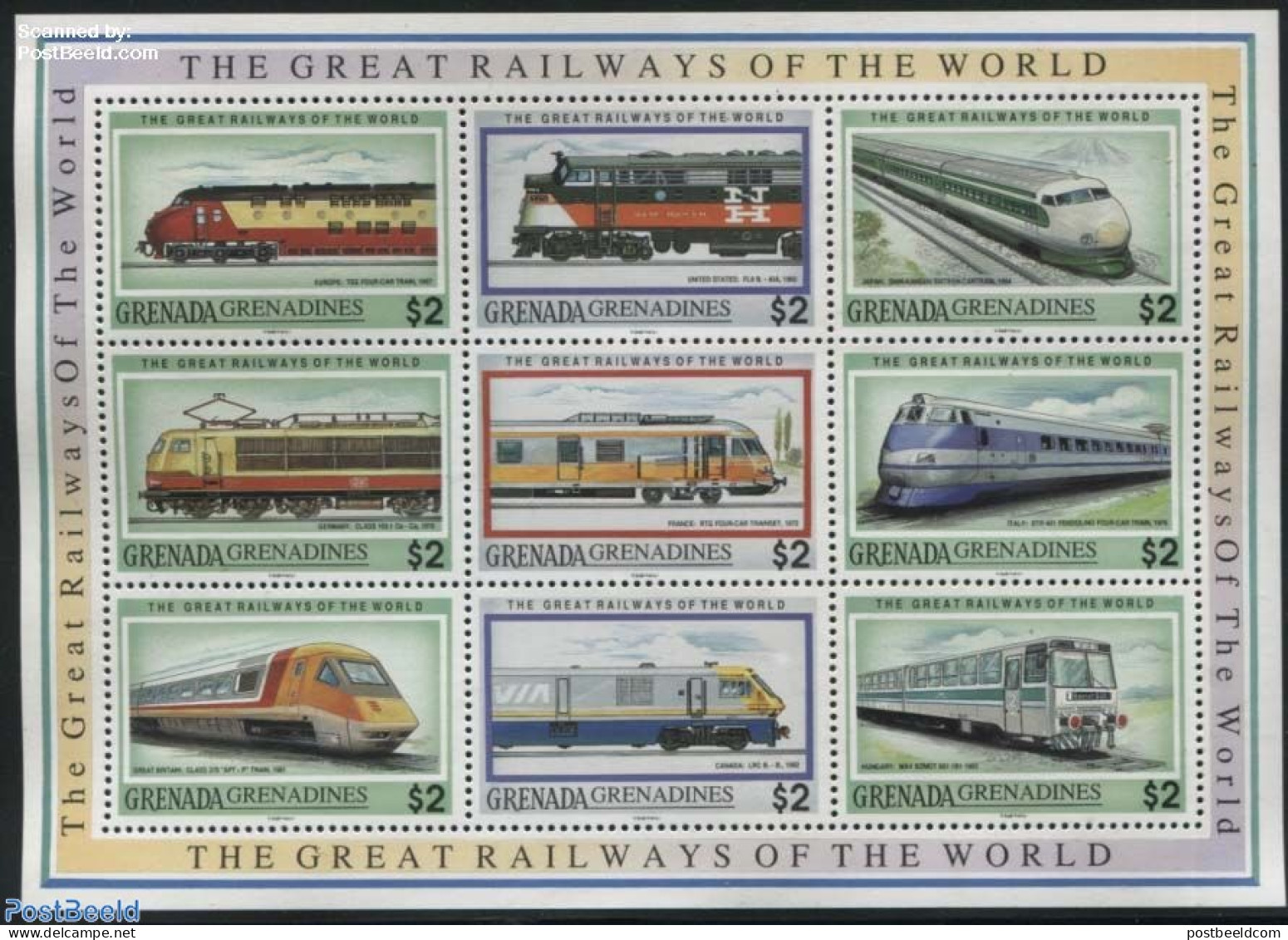 Grenada Grenadines 1992 Railways Of The World 9v M/s, Mint NH, Transport - Railways - Trains