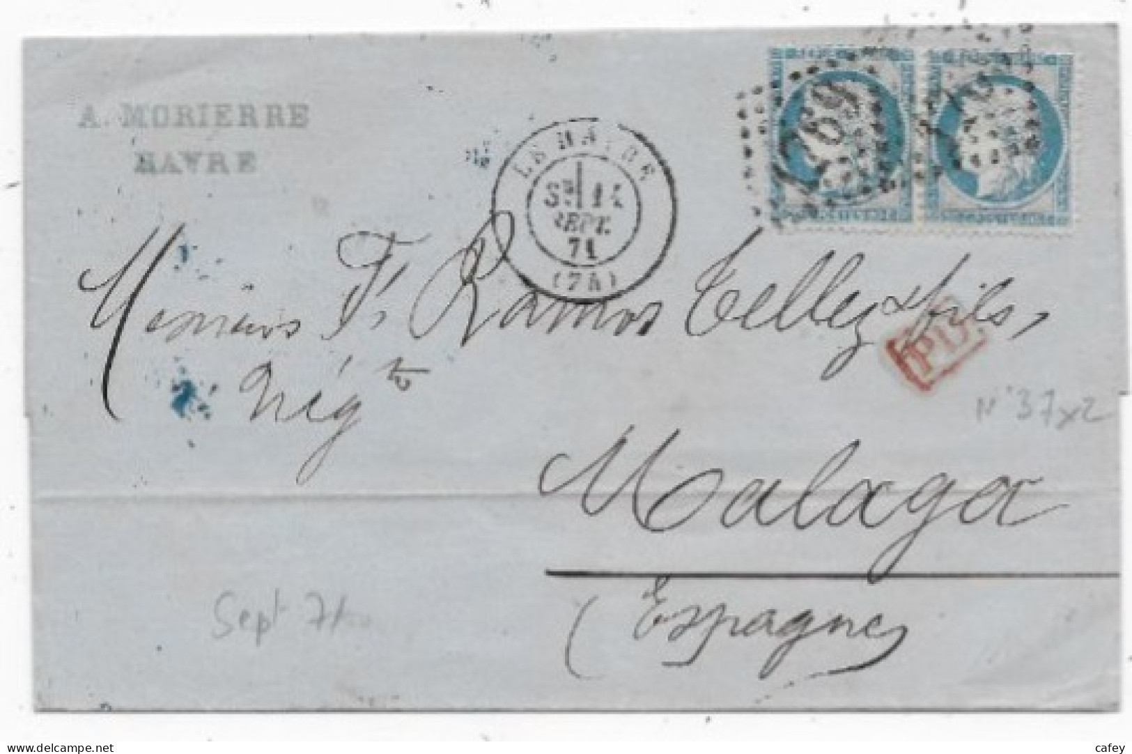 Lettre Du HAVRE Septembre 1871 Timbres 20c SIEGE N°37x2 P / ESPAGNE - 1870 Siege Of Paris