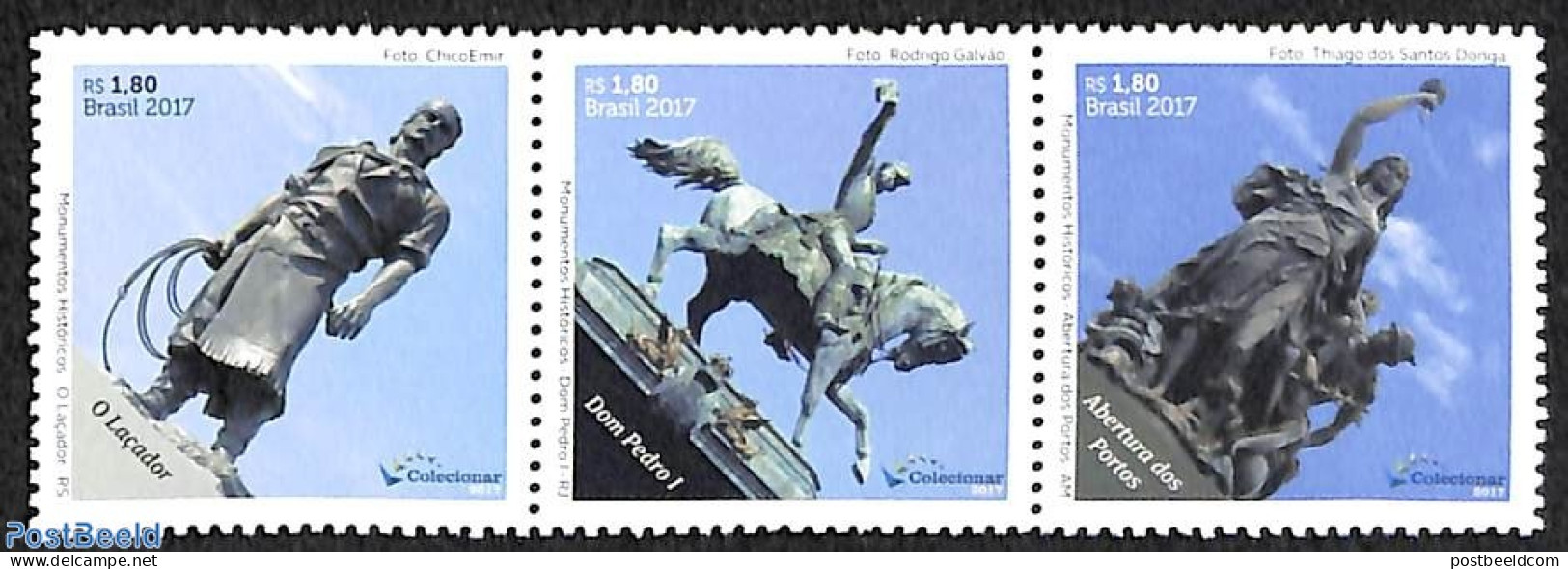 Brazil 2017 Historical Statues 3v [::], Mint NH, Horses - Sculpture - Unused Stamps