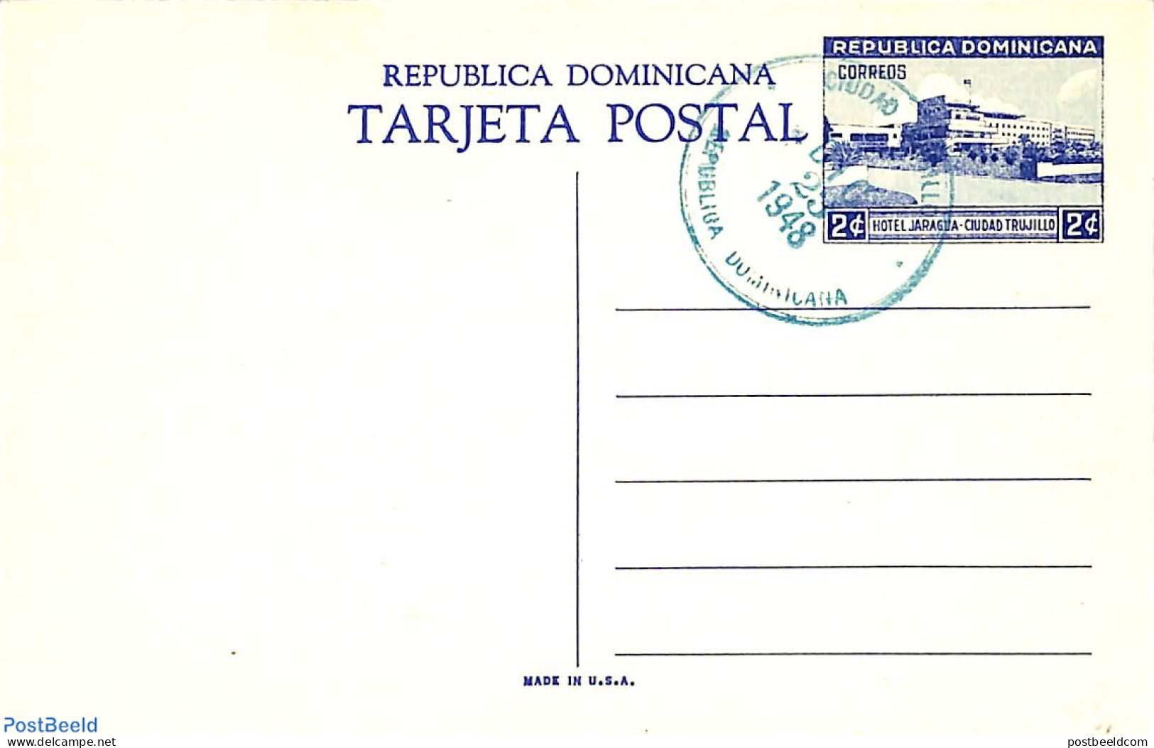 Dominican Republic 1948 Illustrated Postcard 2c, Unused With Postmark, Used Postal Stationary - Otros & Sin Clasificación