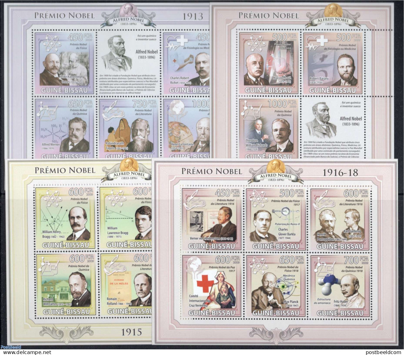 Guinea Bissau 2009 Nobel Prize Winners 1913 - 1918 4 M/s, Mint NH, Health - History - Science - Red Cross - Flags - No.. - Red Cross