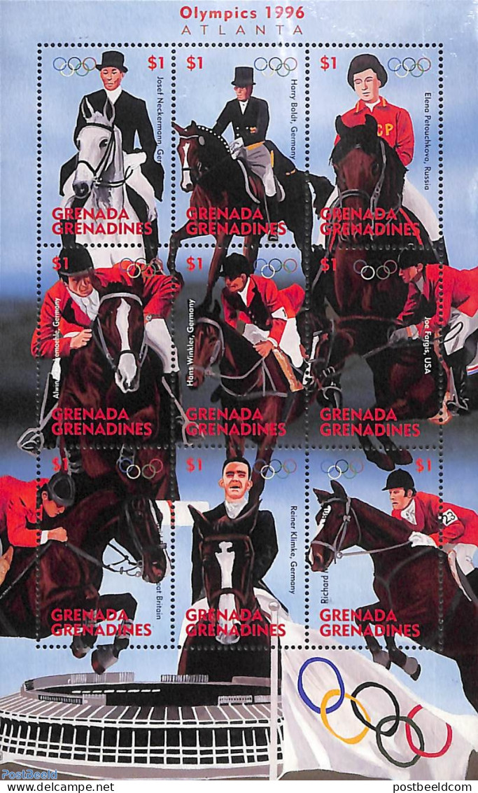 Grenada Grenadines 1996 Olympic Games, Horses 9v M/s, Mint NH, Nature - Sport - Horses - Olympic Games - Grenada (1974-...)
