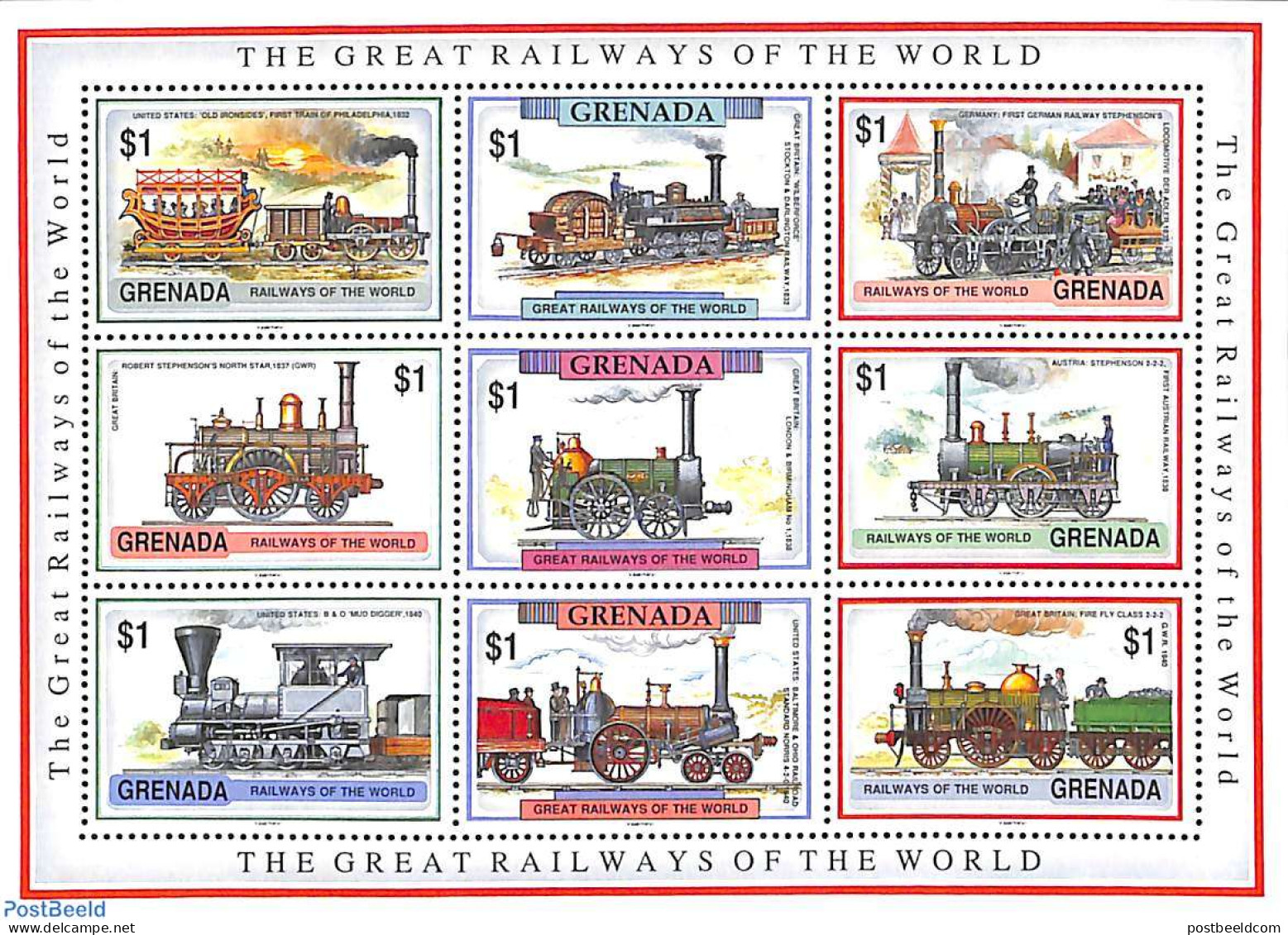 Grenada 1991 Railways 9x$1 M/s, Mint NH, Transport - Railways - Trains