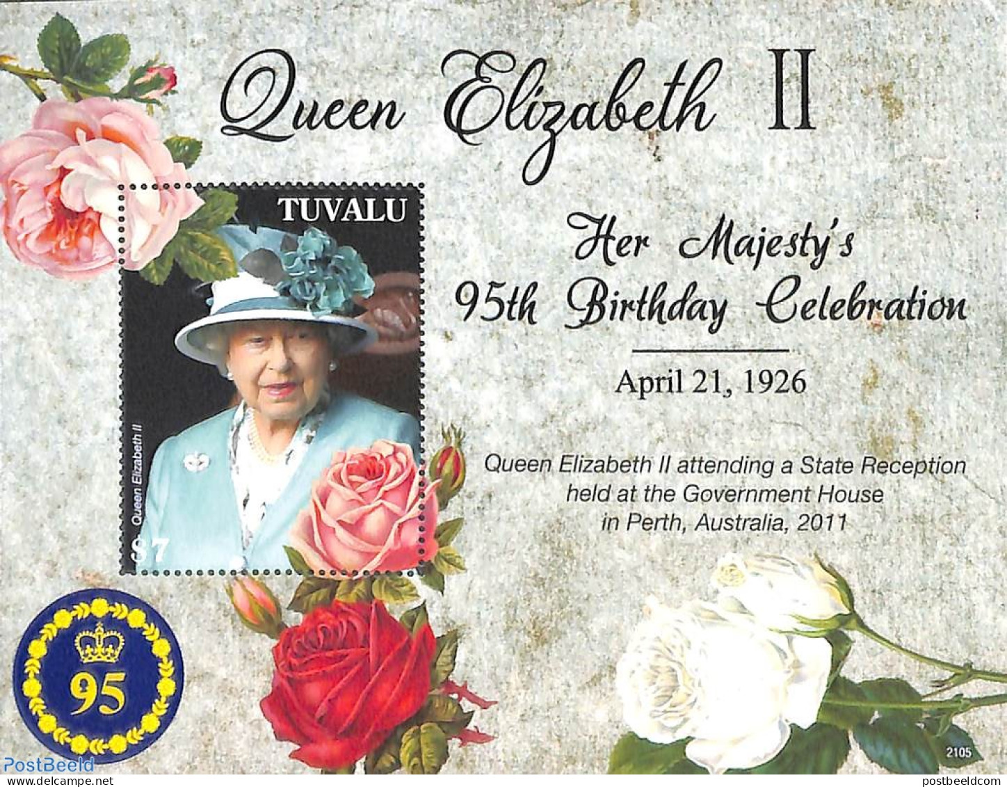 Tuvalu 2021 Queen Elizabeth II 95th Birthday S/s, Mint NH, History - Nature - Kings & Queens (Royalty) - Flowers & Pla.. - Royalties, Royals