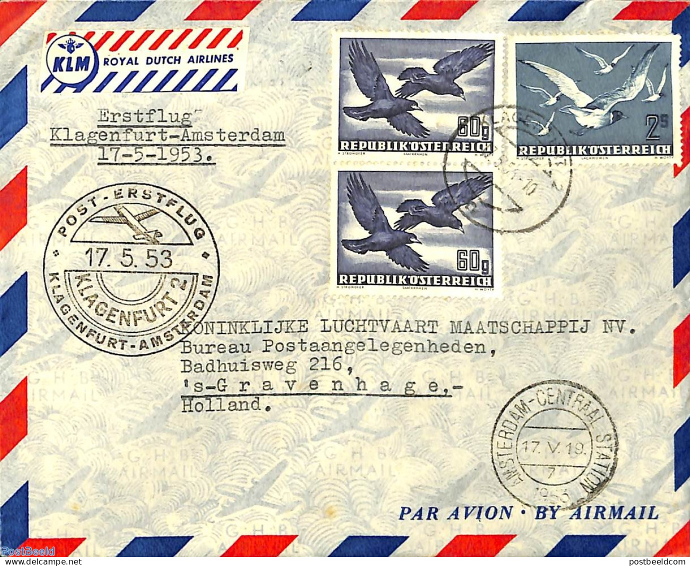 Austria 1953 First Flight Klagenfurt-Amsterdam, Postal History, Nature - Birds - Covers & Documents