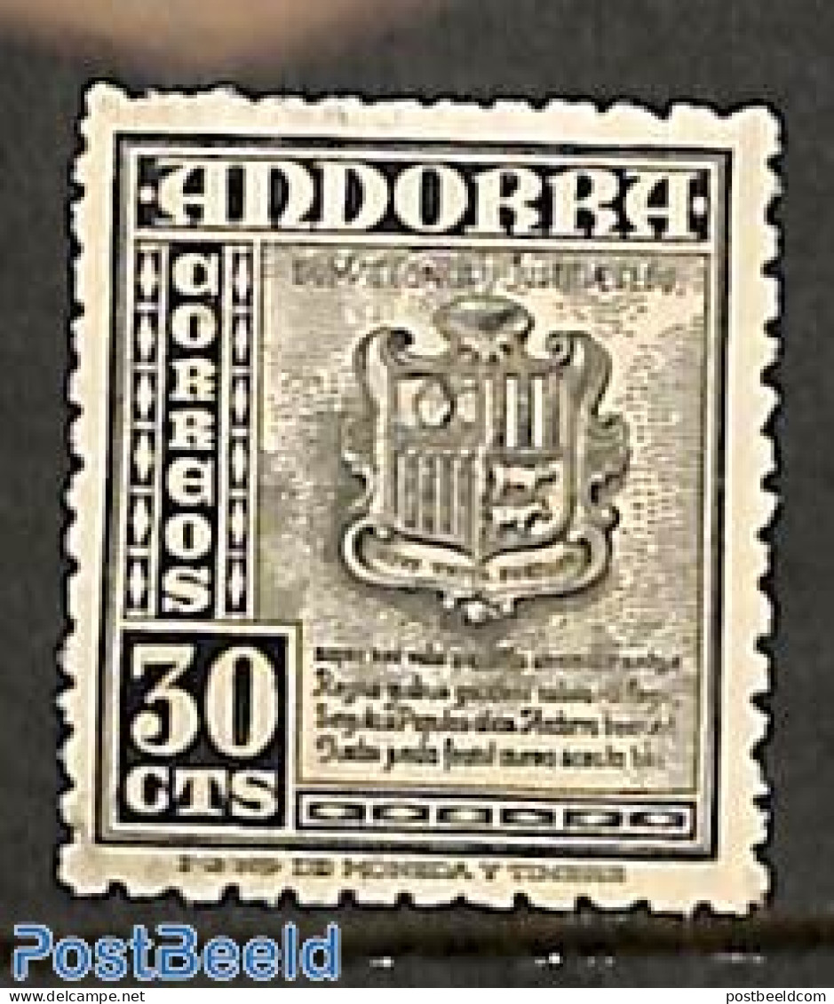 Andorra, Spanish Post 1948 30c, Stamp Out Of Set, Mint NH, History - Coat Of Arms - Unused Stamps