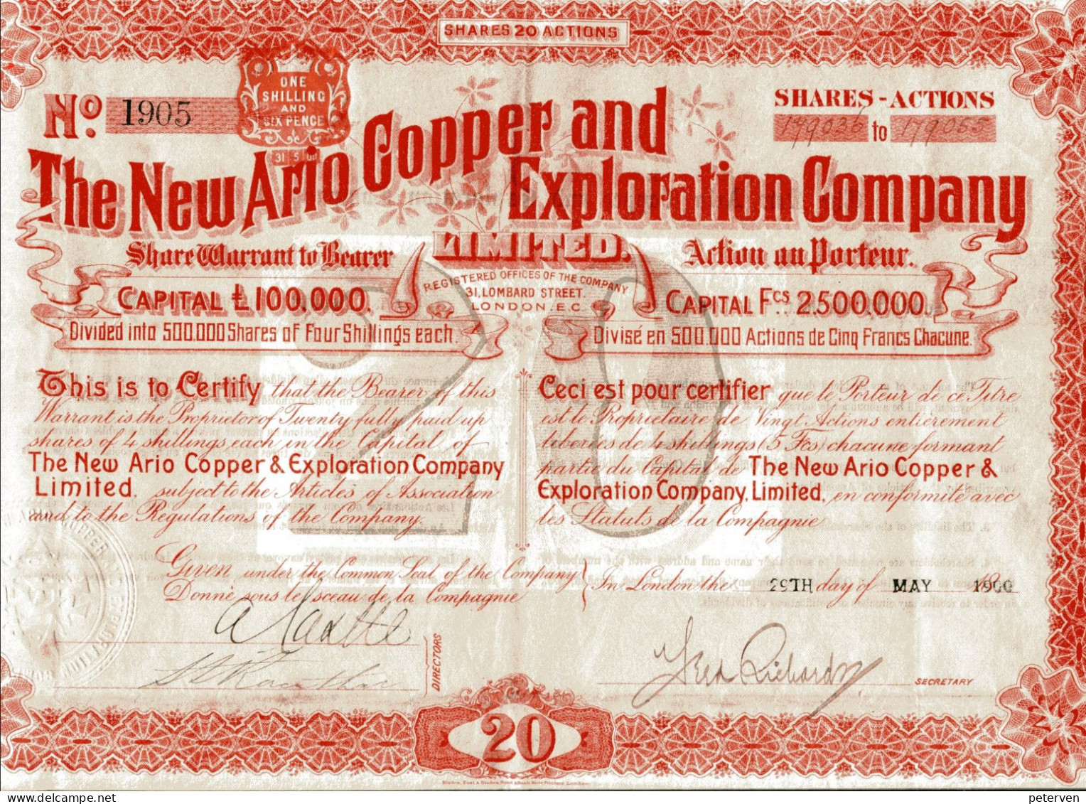 The NEW ARIO COPPER And EXPLORATION COMPANY; Twenty Shares - Mijnen