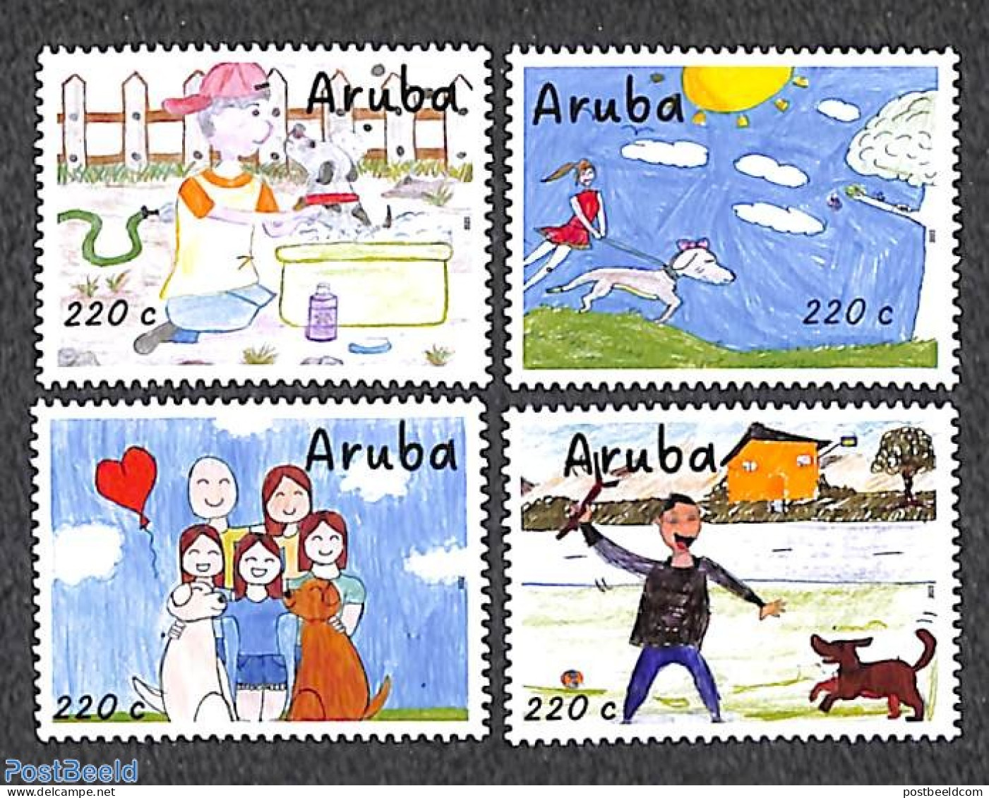 Aruba 2022 Love Your Dog, Children Paintings 4v, Mint NH, Nature - Dogs - Art - Children Drawings - Sonstige & Ohne Zuordnung