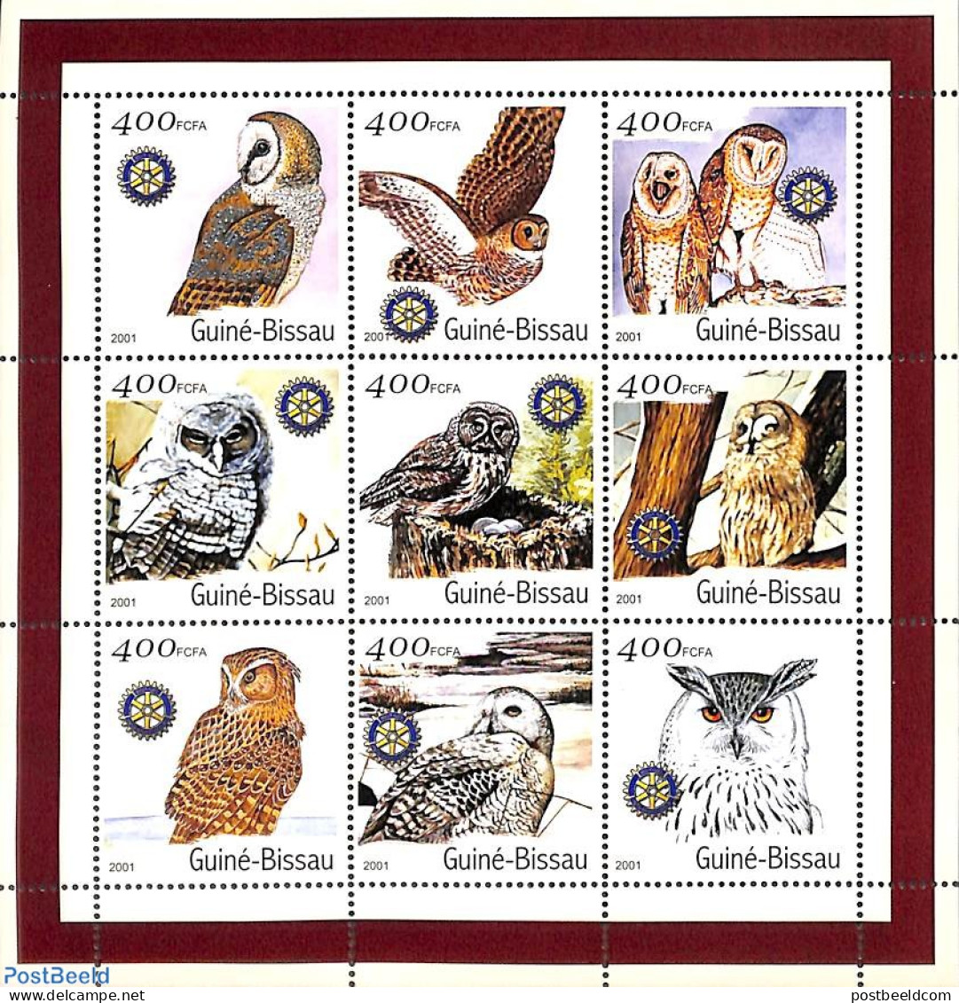Guinea Bissau 2001 Owls, Rotary 9v M/s, Mint NH, Nature - Various - Birds - Owls - Rotary - Rotary, Lions Club