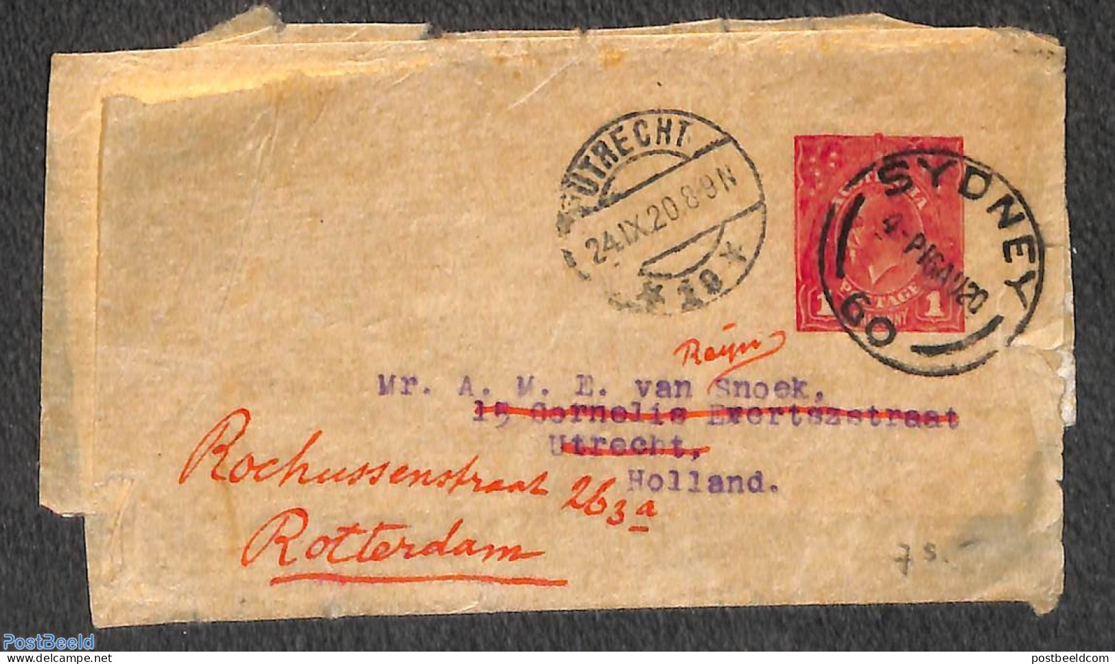 Australia 1920 Used Wrapper From SYDNEY To UTRECT, Forwarded To Rotterdam, Used Postal Stationary - Covers & Documents