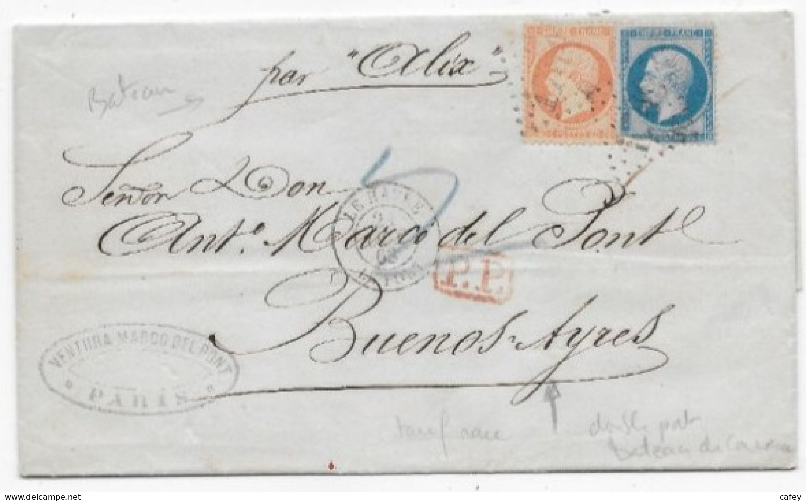 Lettre Du HAVRE 1863 Timbres Empire N° 22(défectueux)+23 P / BUENOS AYRES ARGENTINE Bateau "ALIX" Double Port - 1849-1876: Période Classique