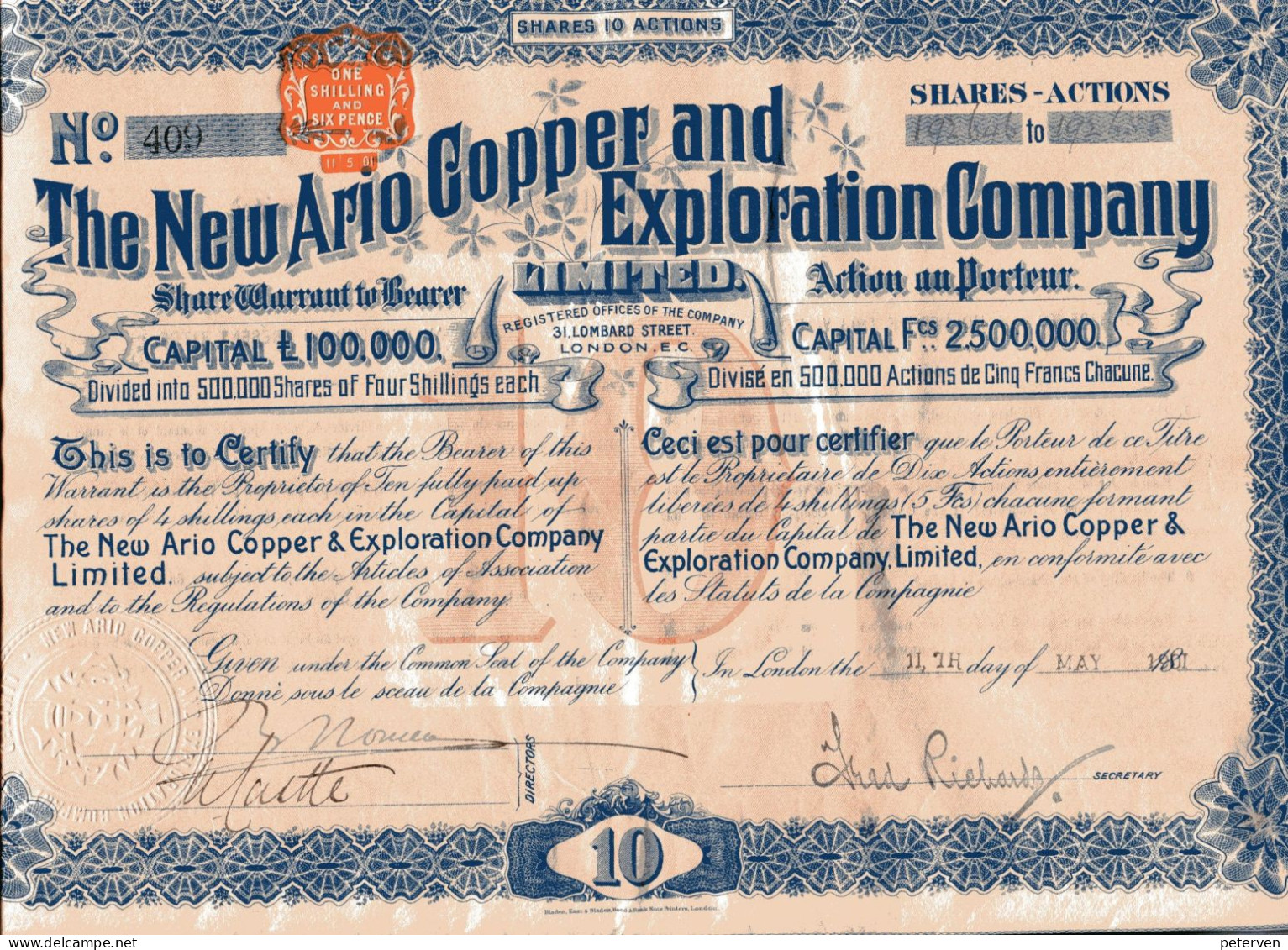 The NEW ARIO COPPER And EXPLORATION COMPANY; Ten Shares - Mijnen