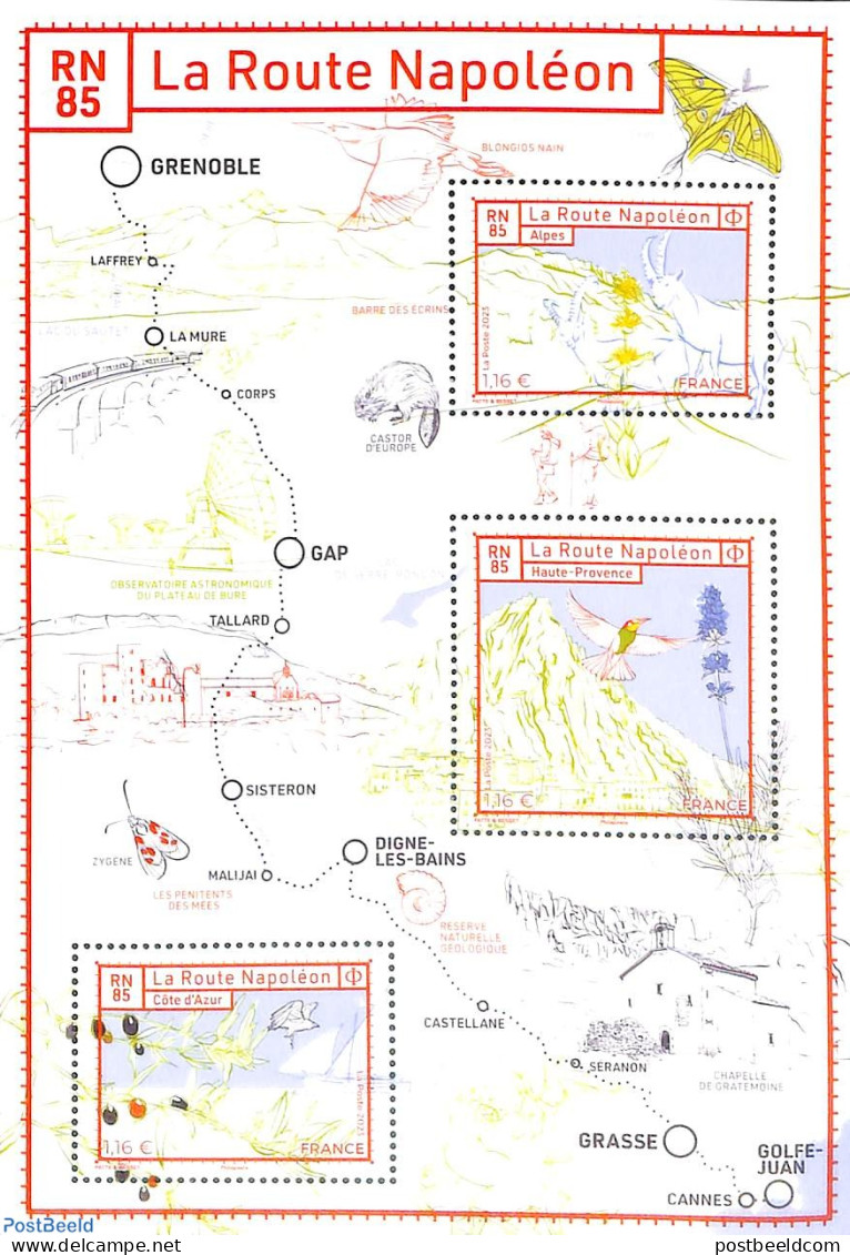 France 2023 La Route Napoleon S/s, Mint NH, History - Nature - Transport - Various - Geology - Birds - Railways - Maps - Neufs