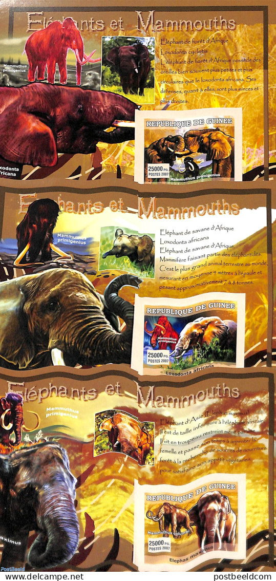 Guinea, Republic 2007 Elephants & Mammoths 3 S/s, Imperforated, Mint NH, Nature - Elephants - Prehistoric Animals - Vor- U. Frühgeschichte