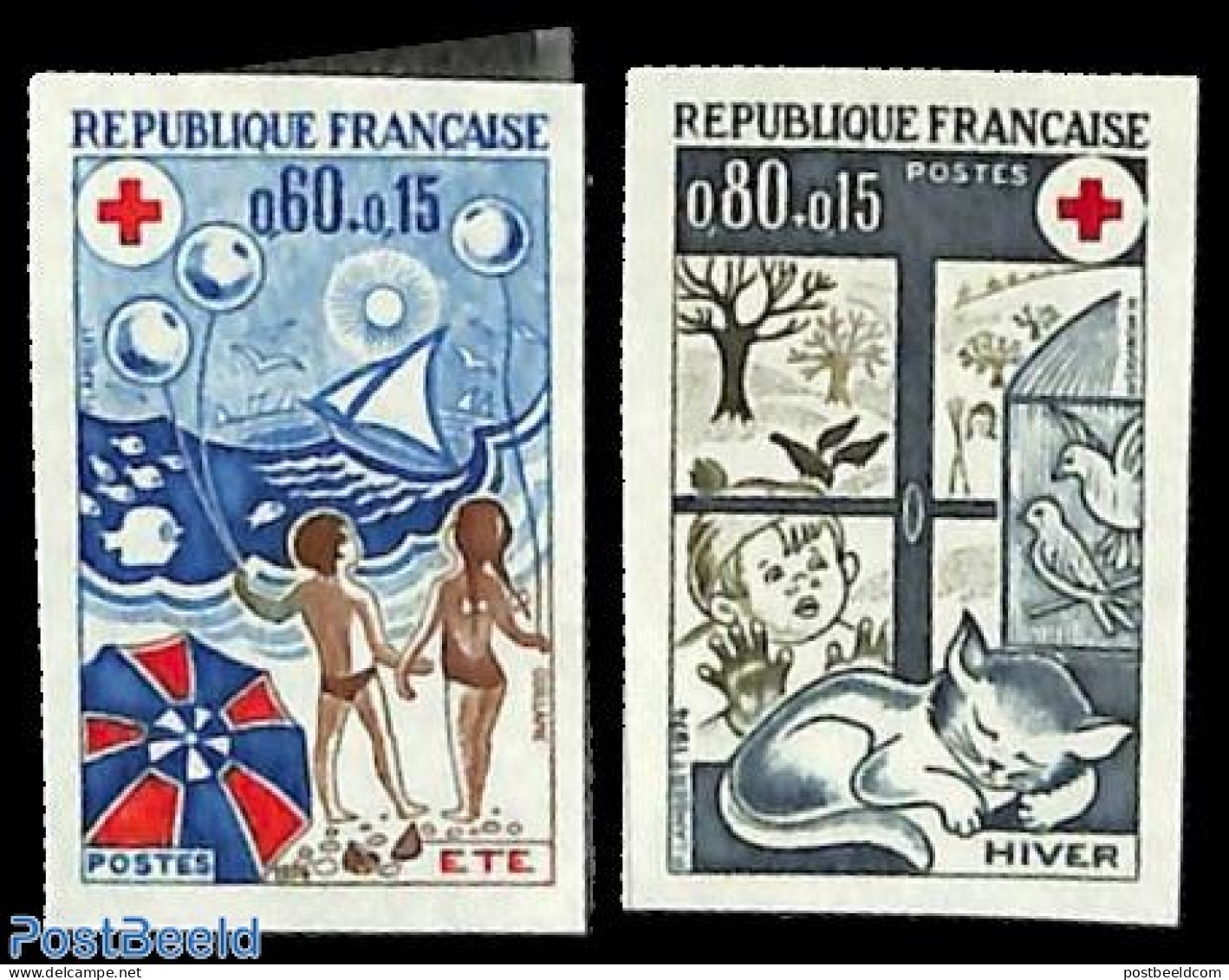 France 1974 Red Cross 2v, Imperforated, Mint NH, Health - Nature - Transport - Red Cross - Cats - Ships And Boats - Unused Stamps