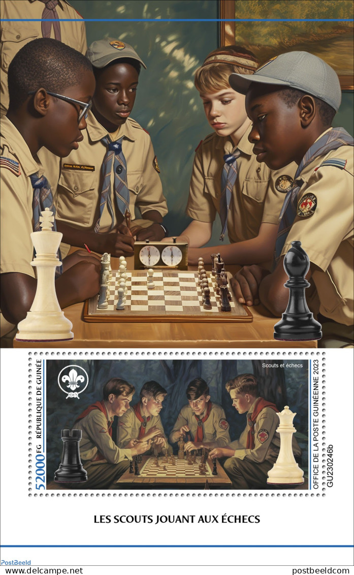 Guinea, Republic 2023 Scouts Playing Chess, Mint NH, Sport - Chess - Scouting - Ajedrez