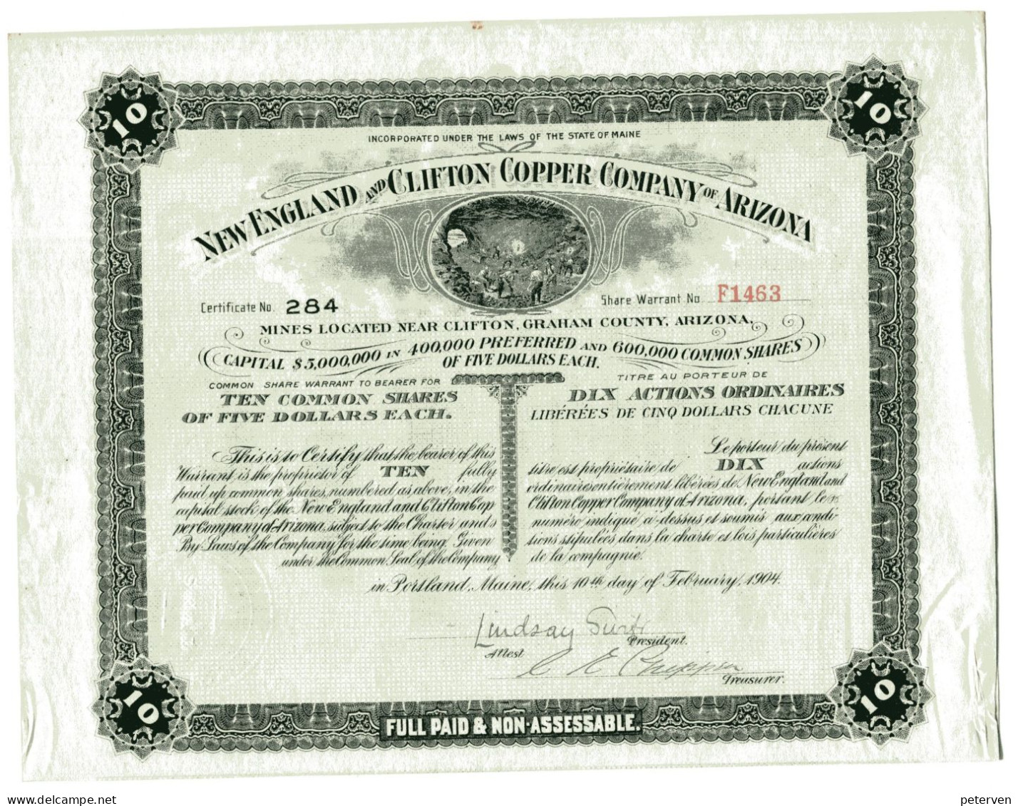 NEW ENGLAND And CLIFTON COPPER COMPANY Of ARIZONA; One Share - Miniere