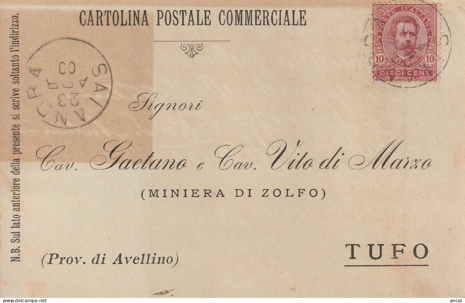 Italy. A212. Salandra. 1900. Annullo Grande Cerchio SALANDRA, Su Cartolina Postale Commerciale - Marcophilie