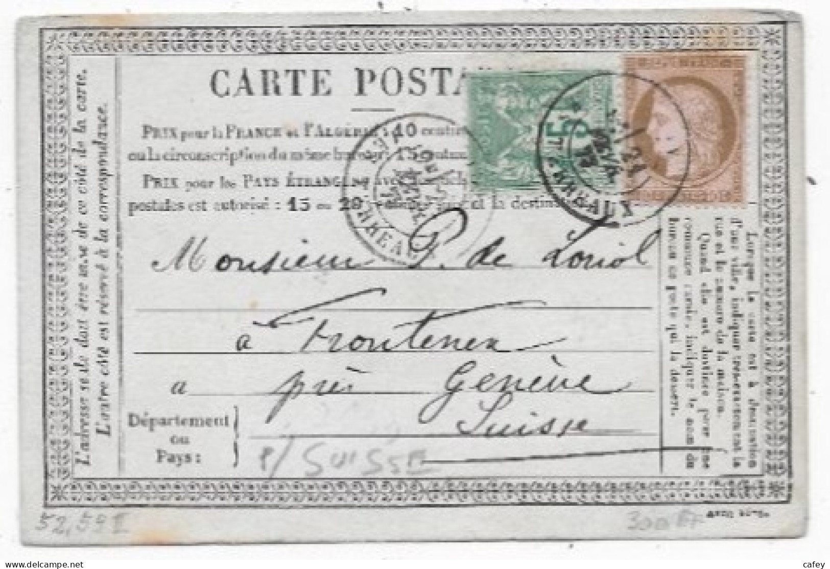 Carte Précurseur De LYON P/ SUISSE Timbres Mixte CERES / SAGE 1877 - 1849-1876: Classic Period
