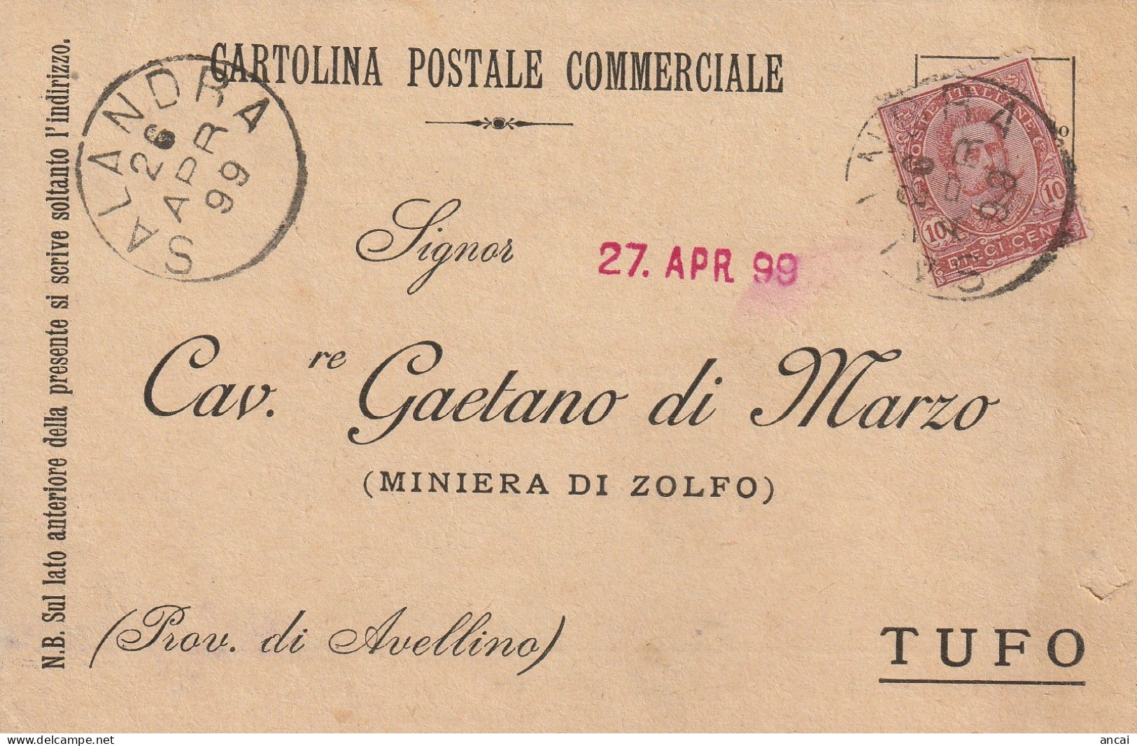 Italy. A212. Salandra. 1899. Annullo Grande Cerchio SALANDRA, Su Cartolina Postale Commerciale - Marcophilie