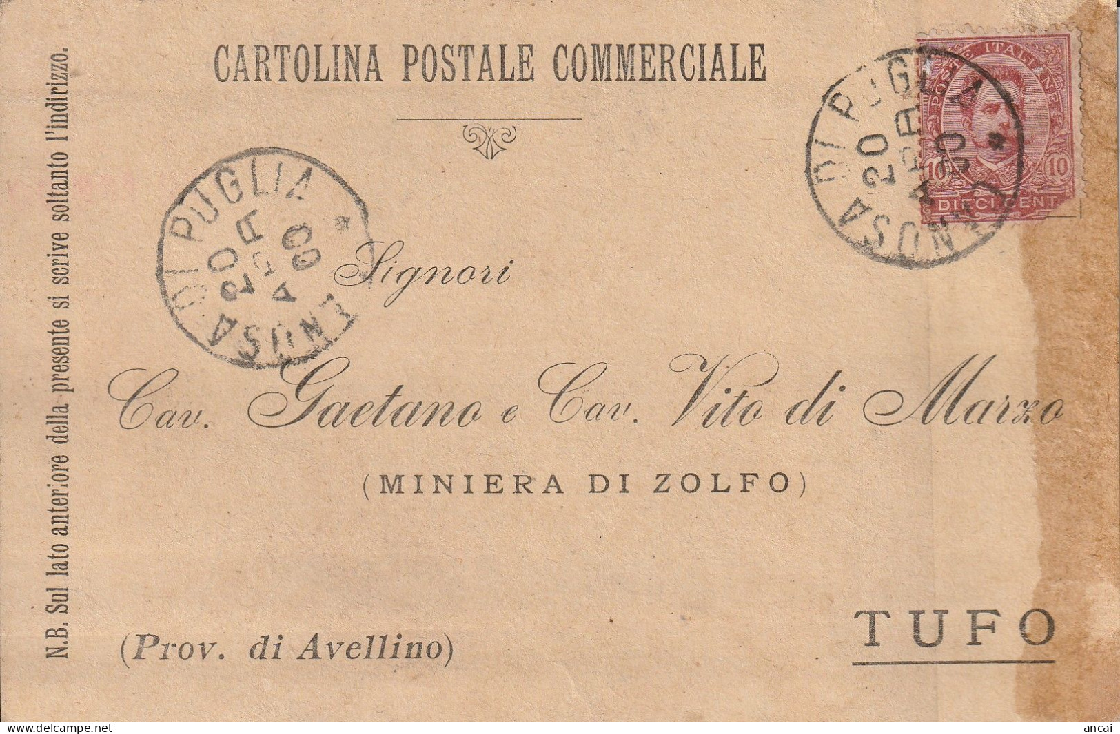 Italy. A212. Canosa Di Puglia. 1900. Annullo Grande Cerchio CANOSA DI PUGLIA, Su Cartolina Postale Commerciale - Marcophilia