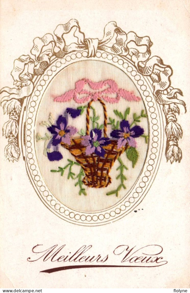 Fantaisie - Cpa Brodée - Panier De Fleurs - Meilleurs Voeux - Lined - Embroidered