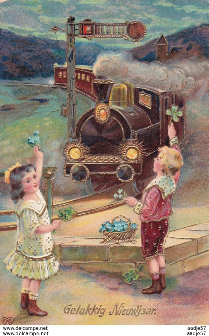 Trein Reliefkaart Happy New Year Ca 1910 - Groupes D'enfants & Familles