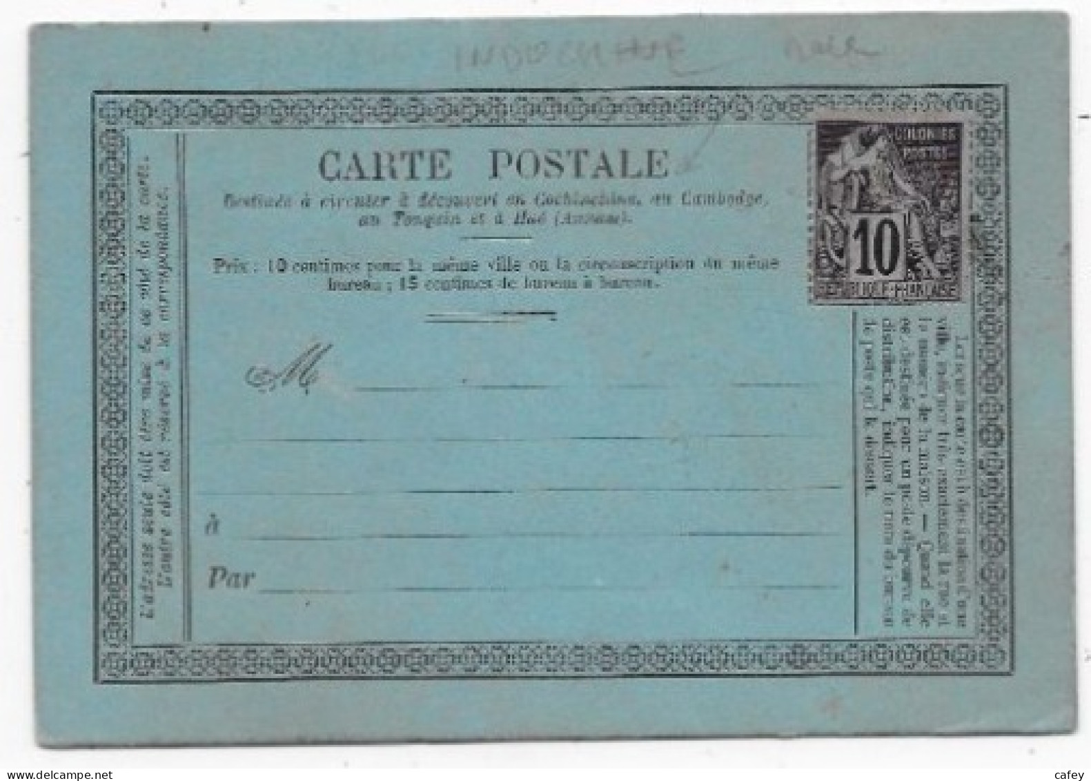 Entier Postal Carte Précurseur Neuve ( Timbre Neuf) Destinée à Circuler En COCHINCHINE Et Au CAMBODGE Modèle Rare - Cartas & Documentos