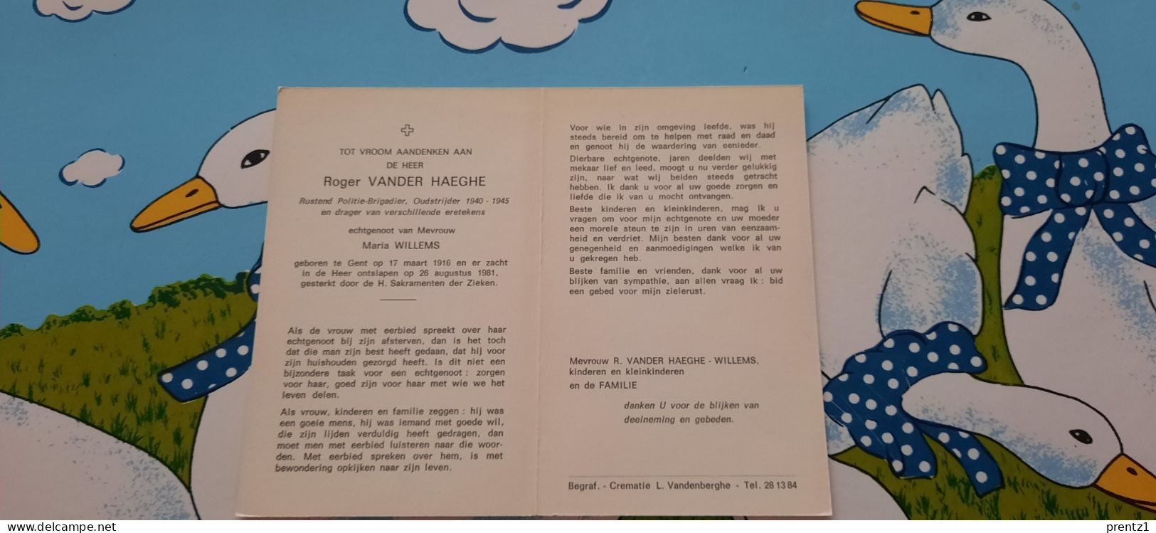 Roger Vander Haeghe Geb. Gent 17/03/1916- Getr. M. Willems- Politie Brigadier-gest. 26/08/1981 - Images Religieuses